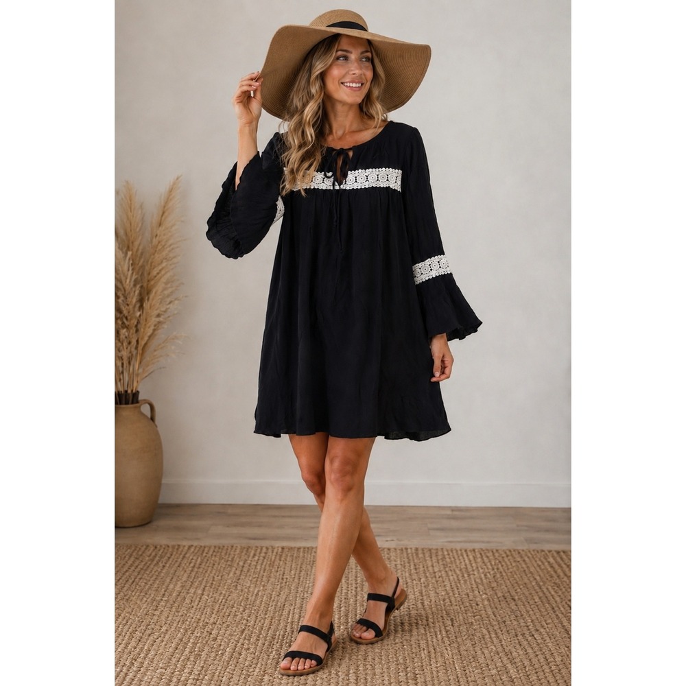 Haani Women Black Boho Crochet Lace Trim Bell Sleeve Mini Dress Small F424D